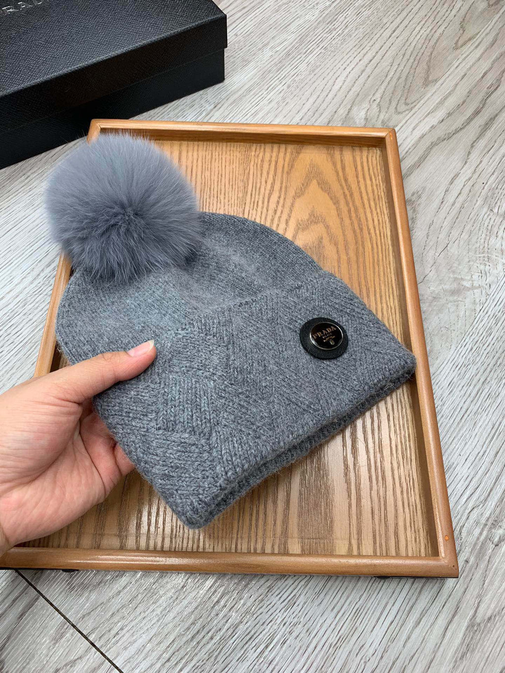 BEANIE HAT IN SHARK GRAY WOOL AND RABBIT FUR 346719