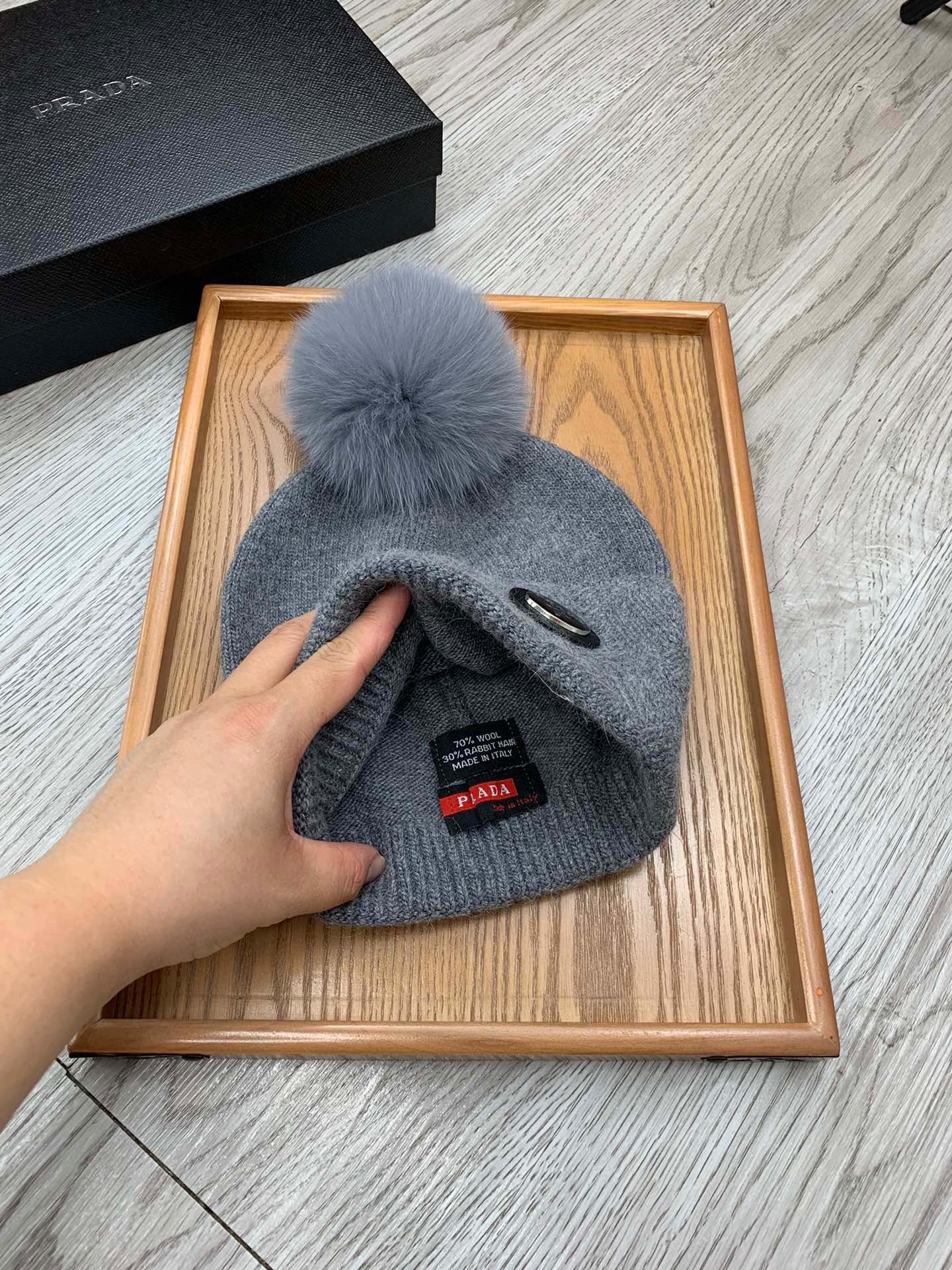 BEANIE HAT IN SHARK GRAY WOOL AND RABBIT FUR 346719