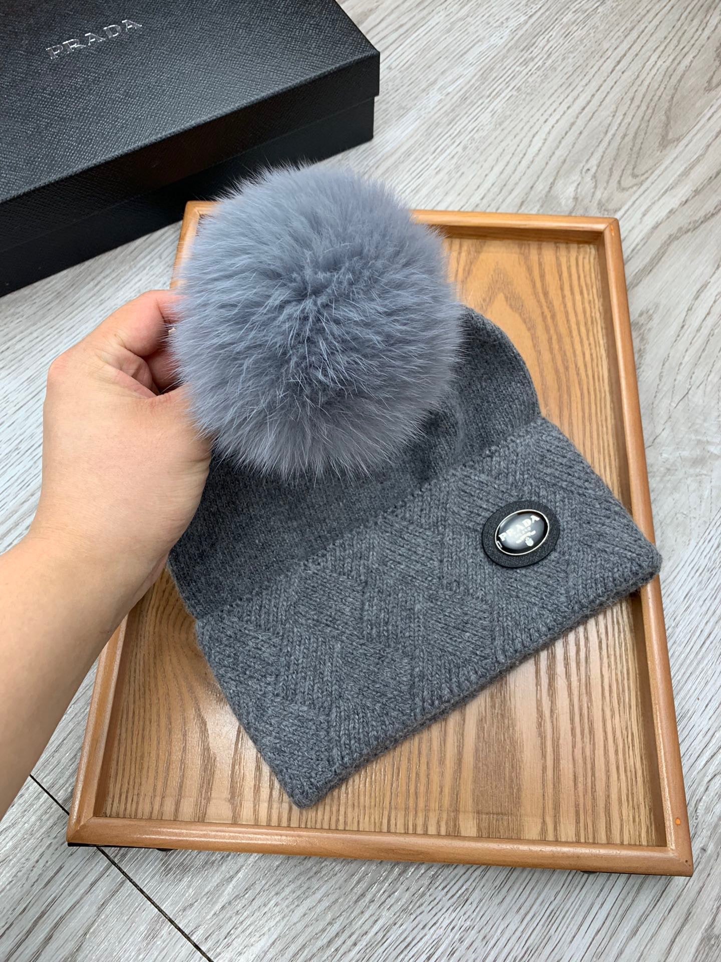 BEANIE HAT IN SHARK GRAY WOOL AND RABBIT FUR 346719