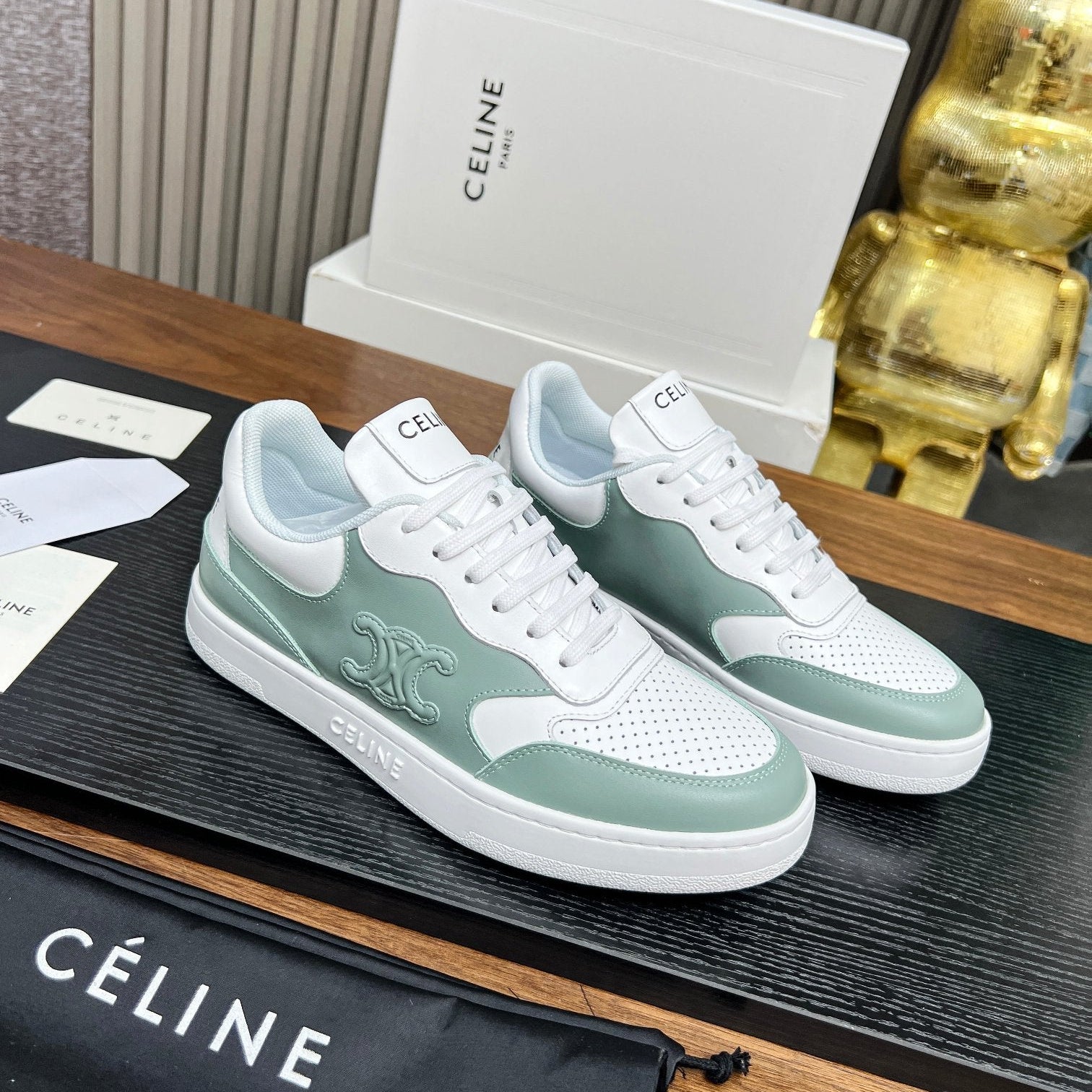 SNEAKER WITH TRIOMPHE IN WHITE MIX PEWTER GREEN CALFSKIN