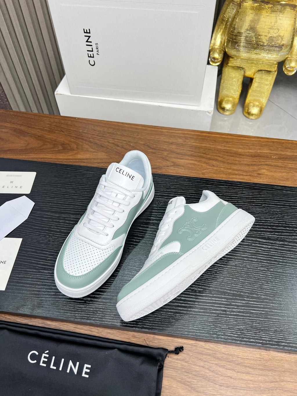 SNEAKER WITH TRIOMPHE IN WHITE MIX PEWTER GREEN CALFSKIN