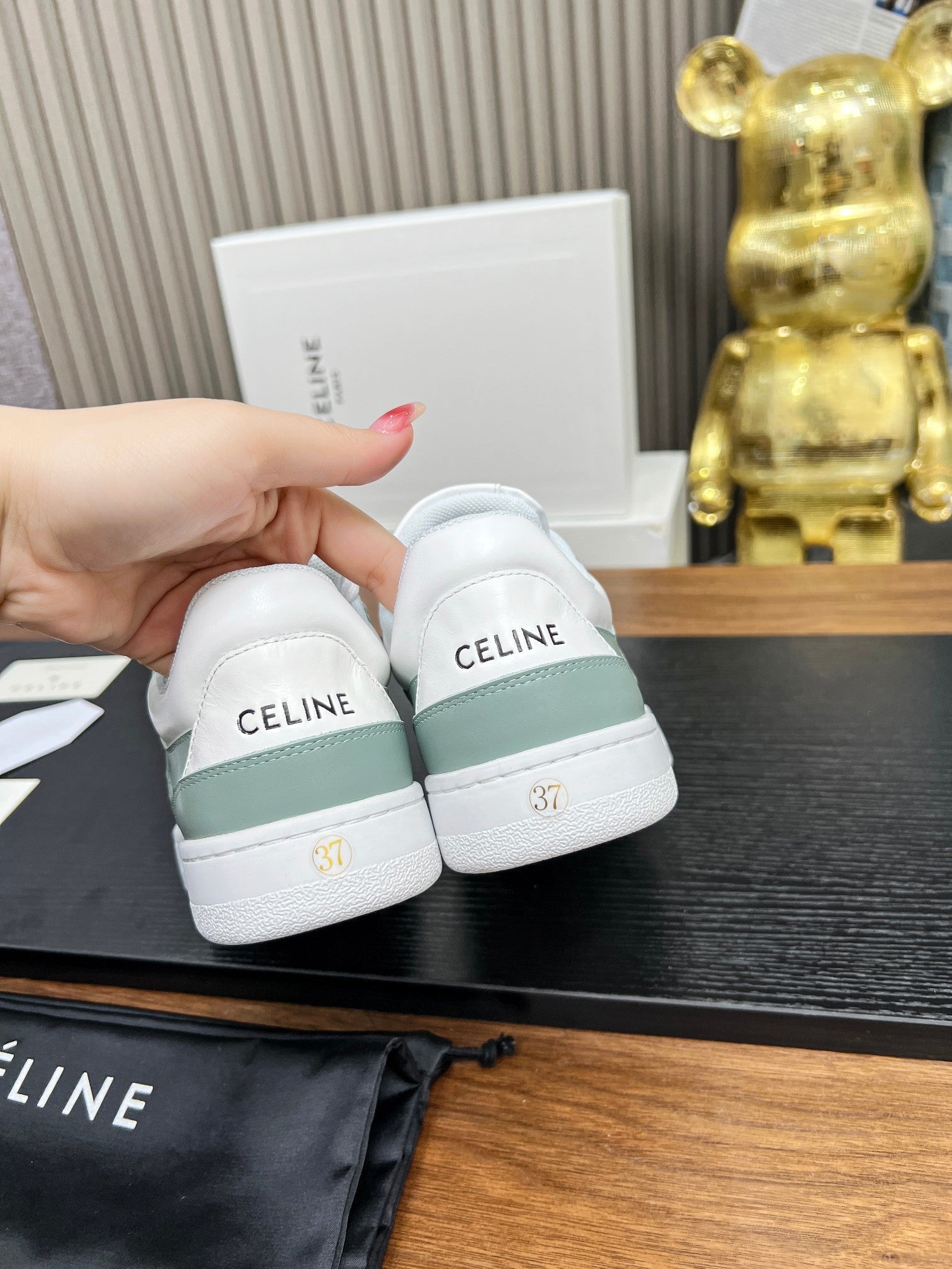 SNEAKER WITH TRIOMPHE IN WHITE MIX PEWTER GREEN CALFSKIN