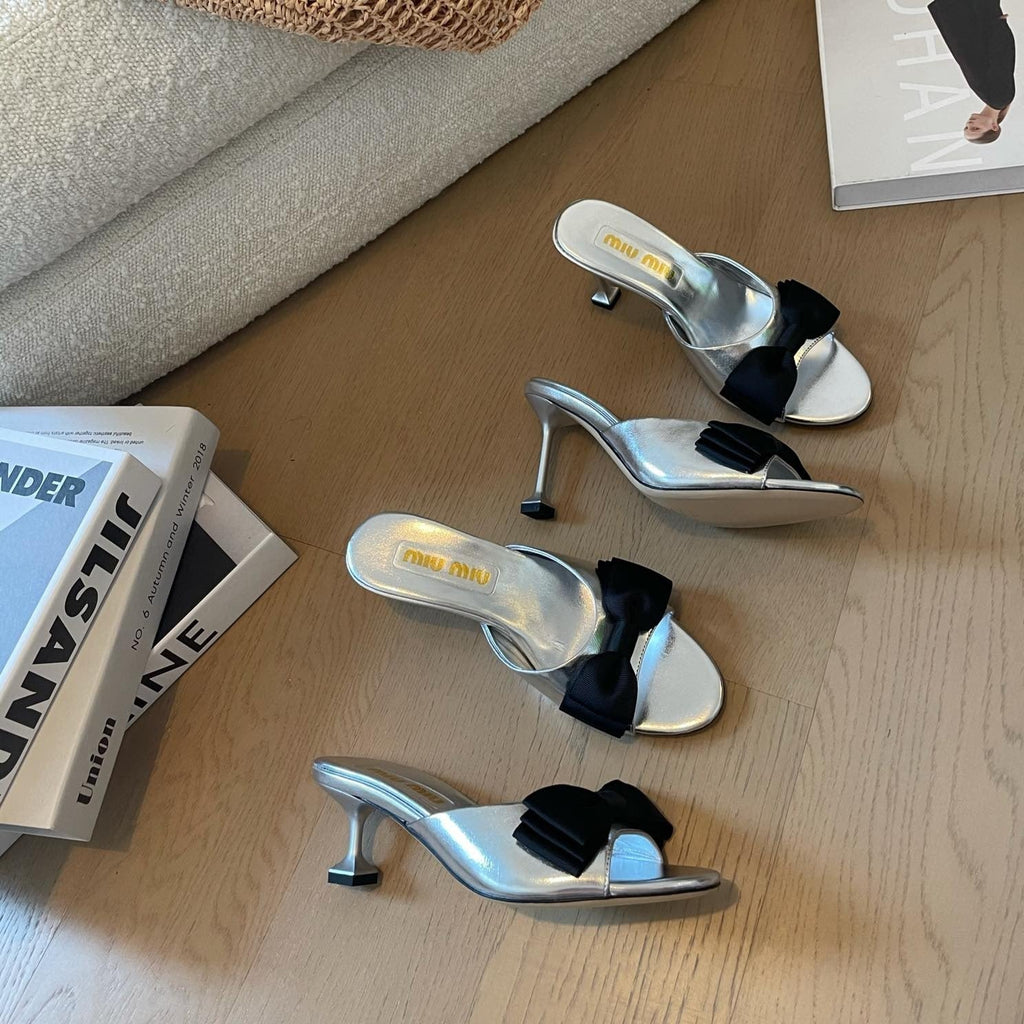 Silver High - Heels With Black Bow Calfskin