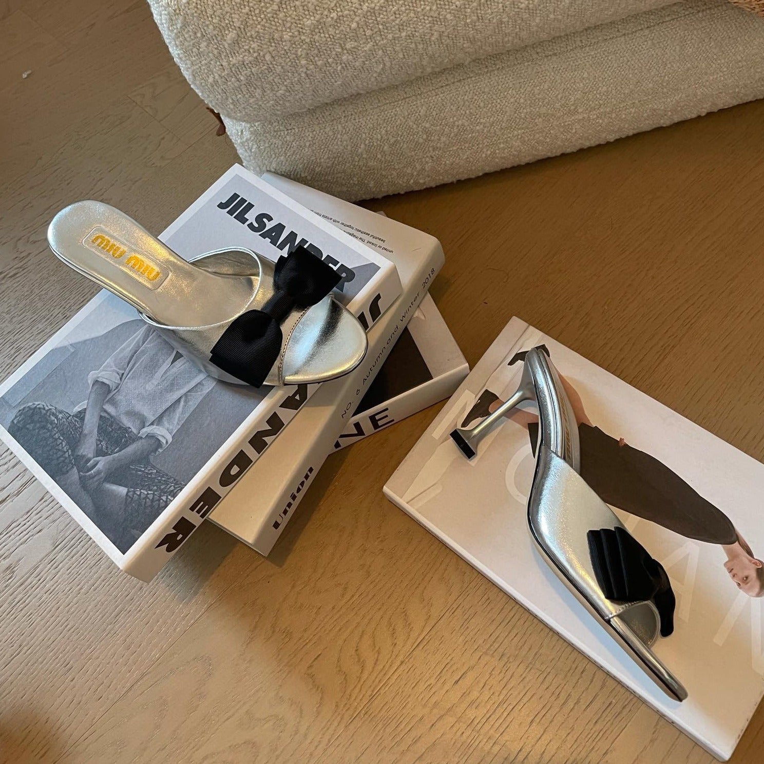 Silver High - Heels With Black Bow Calfskin