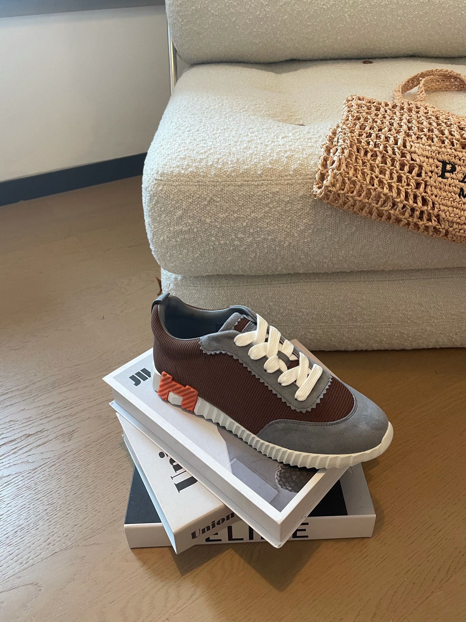 BOUNCING SNEAKERS GRAY MIX BROWN CALFSKIN