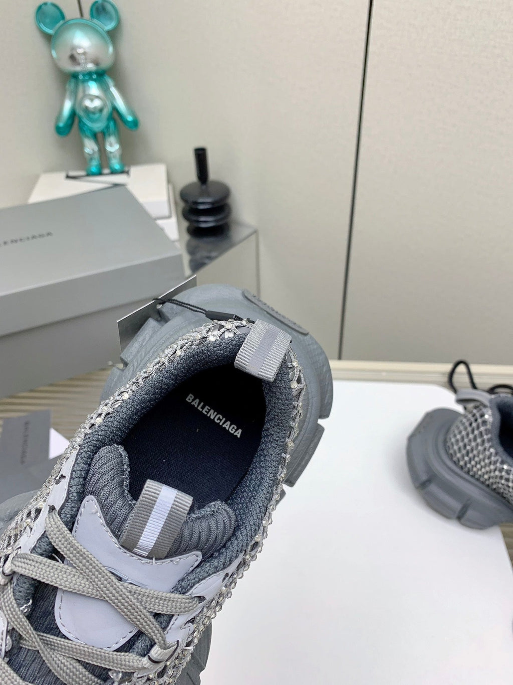 XL FISHNET SNEAKER IN GRAY MESH, POLYURETHANE, POLYESTER WITH RHINESTONES