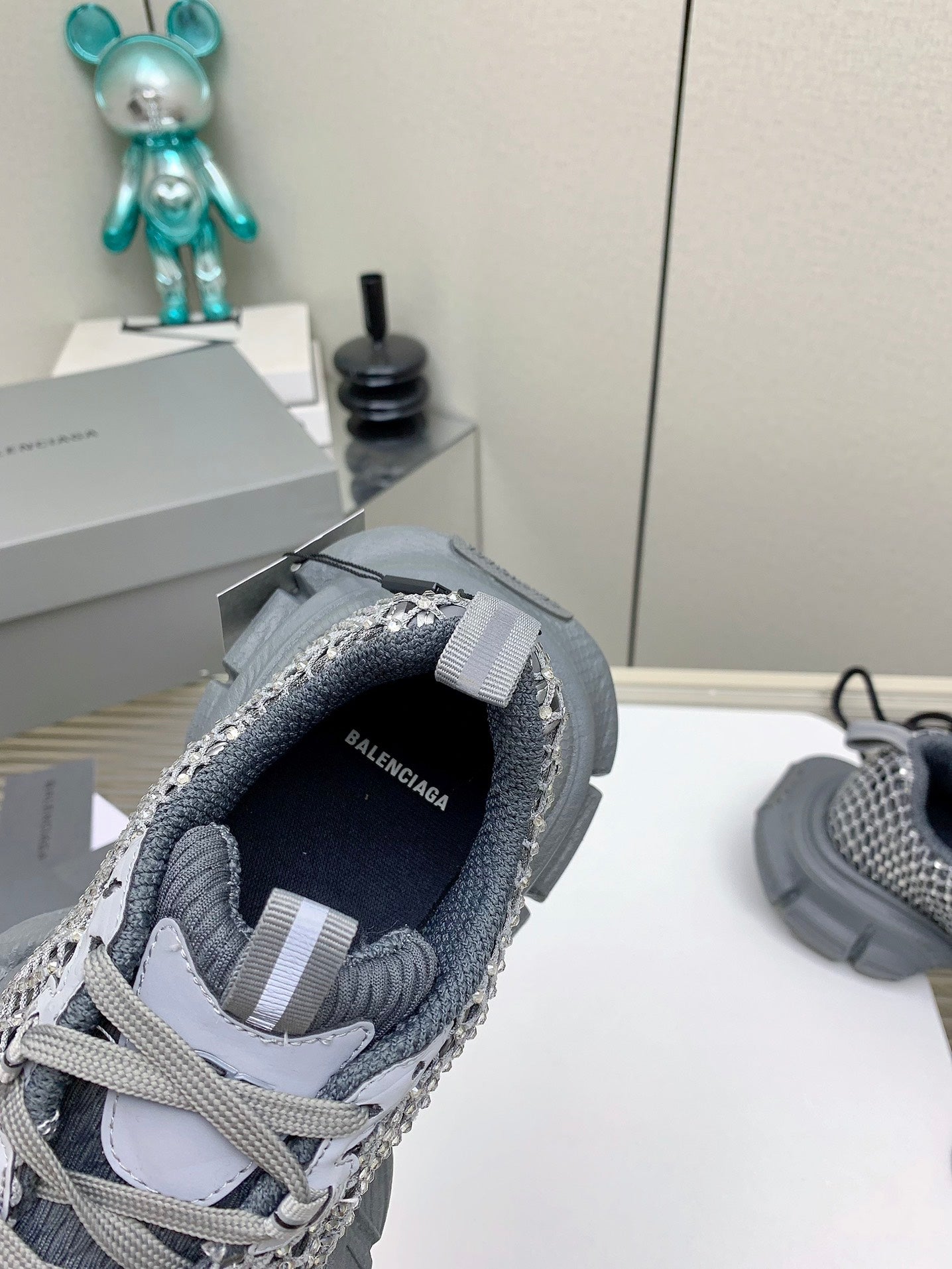 XL FISHNET SNEAKER IN GRAY MESH, POLYURETHANE, POLYESTER WITH RHINESTONES