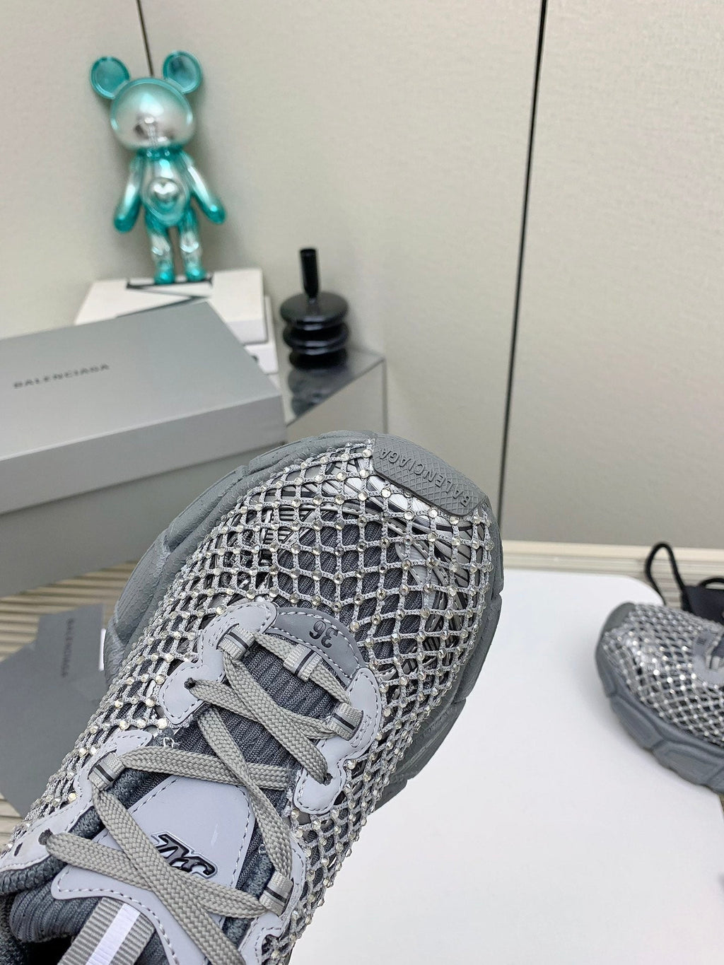 XL FISHNET SNEAKER IN GRAY MESH, POLYURETHANE, POLYESTER WITH RHINESTONES