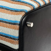 PICOTIN LOCK 18 BAG IN BLACK CALFSKIN ÉCRU/NOIR/FAUVE/NOIR/BLEU ZANZIBAR EMBROIDERY CANVAS