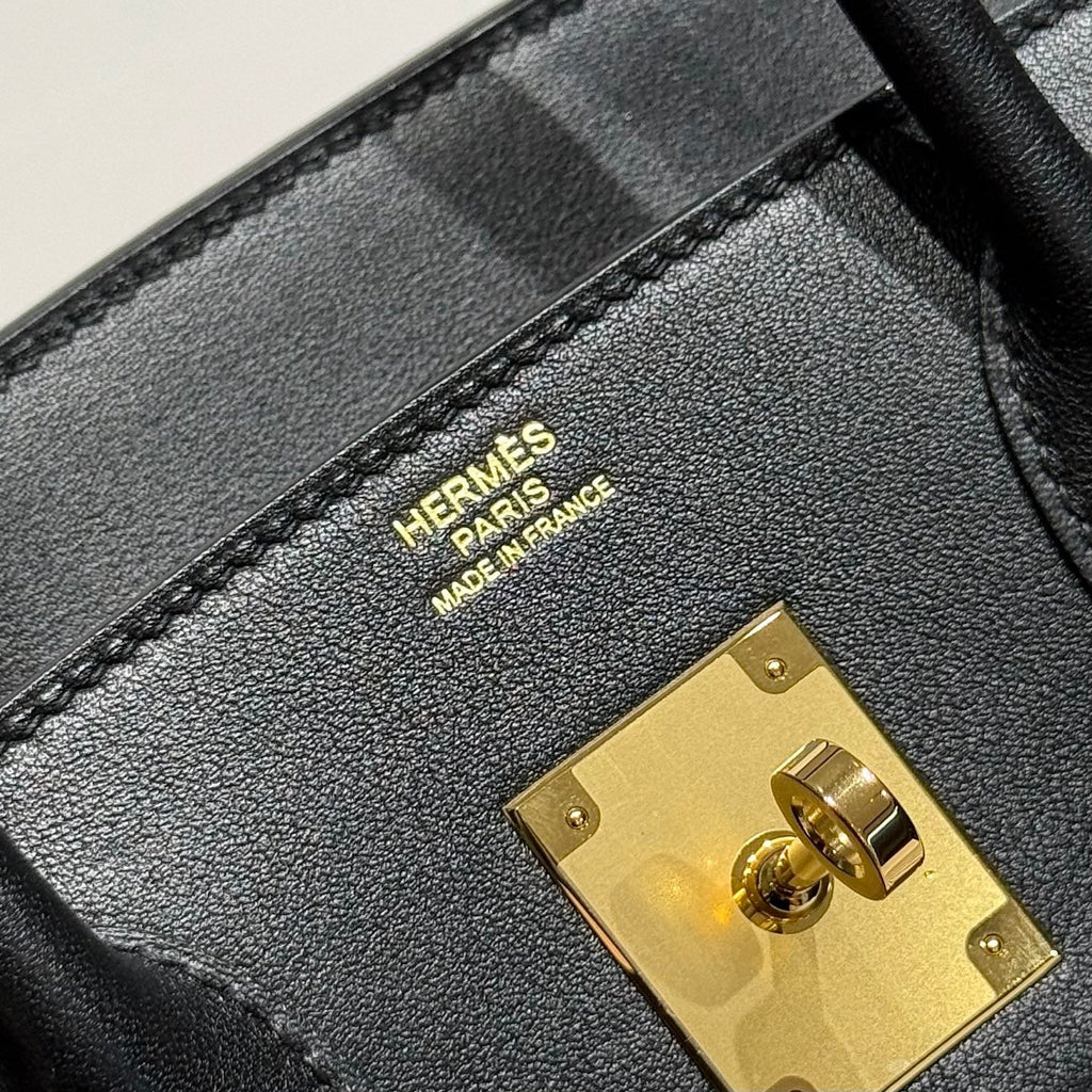 QUADRILLE BIRKIN 30CM IN BLACK SWIFT CALFSKIN WHITE BLACK PLAID TOILE CANVAS