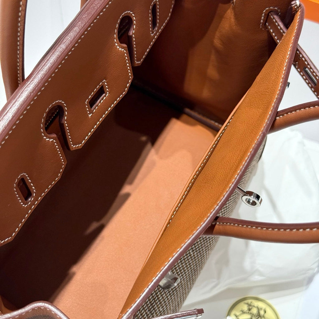 QUADRILLE BIRKIN 25CM IN GOLD SWIFT CALFSKIN AND BLACK/WHITE/BROWN TOILE CANVAS