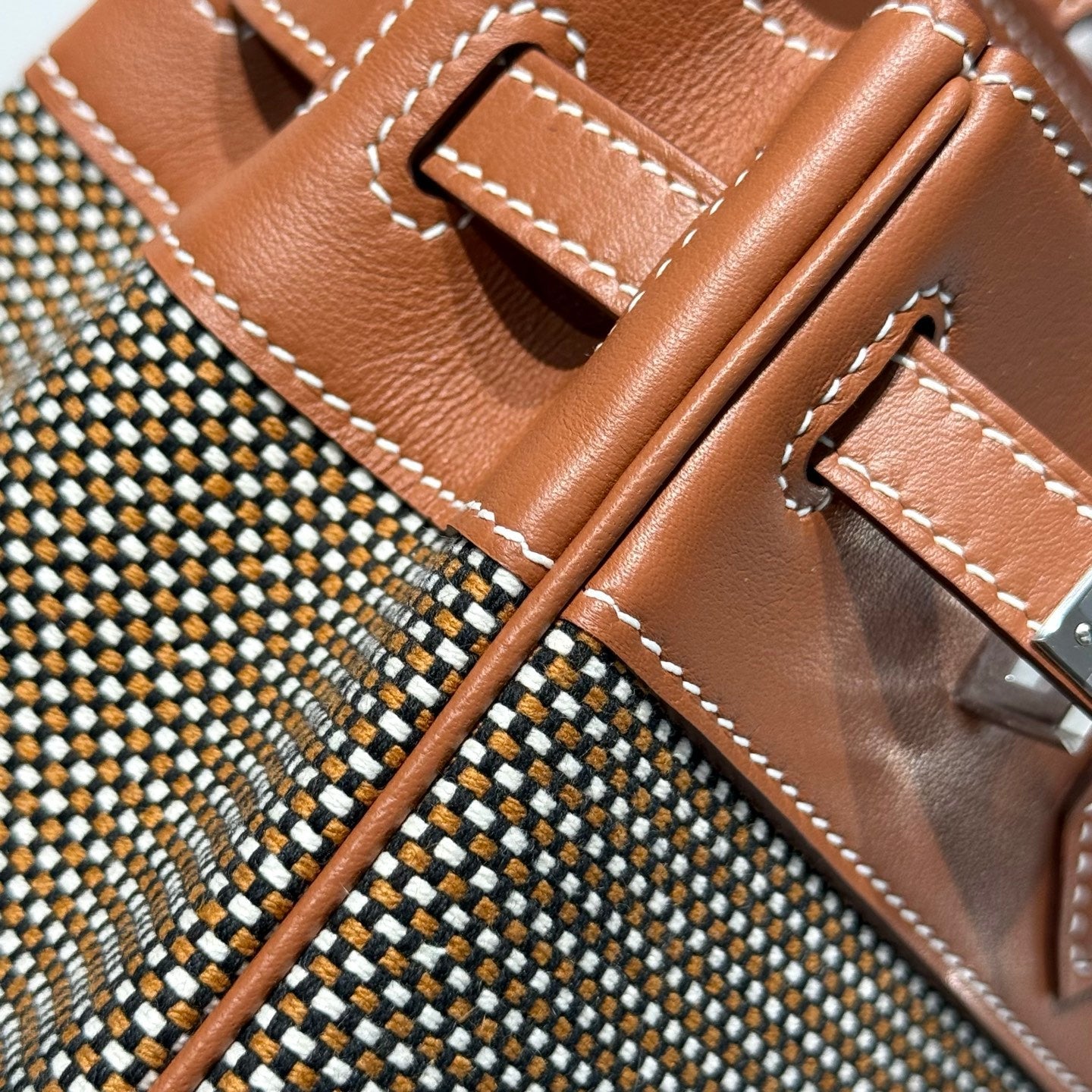 QUADRILLE BIRKIN 25CM IN GOLD SWIFT CALFSKIN AND BLACK/WHITE/BROWN TOILE CANVAS