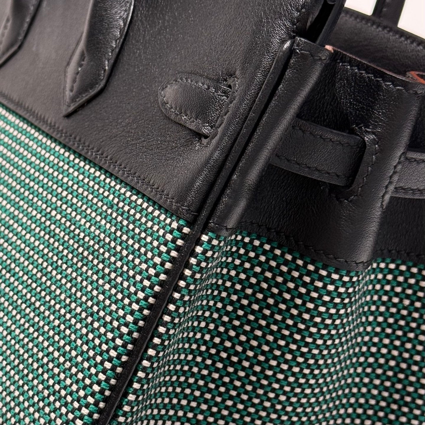 QUADRILLE BIRKIN 25CM IN BLACK SWIFT CALFSKIN BLACK/MINT/BLANC TOILE CANVAS