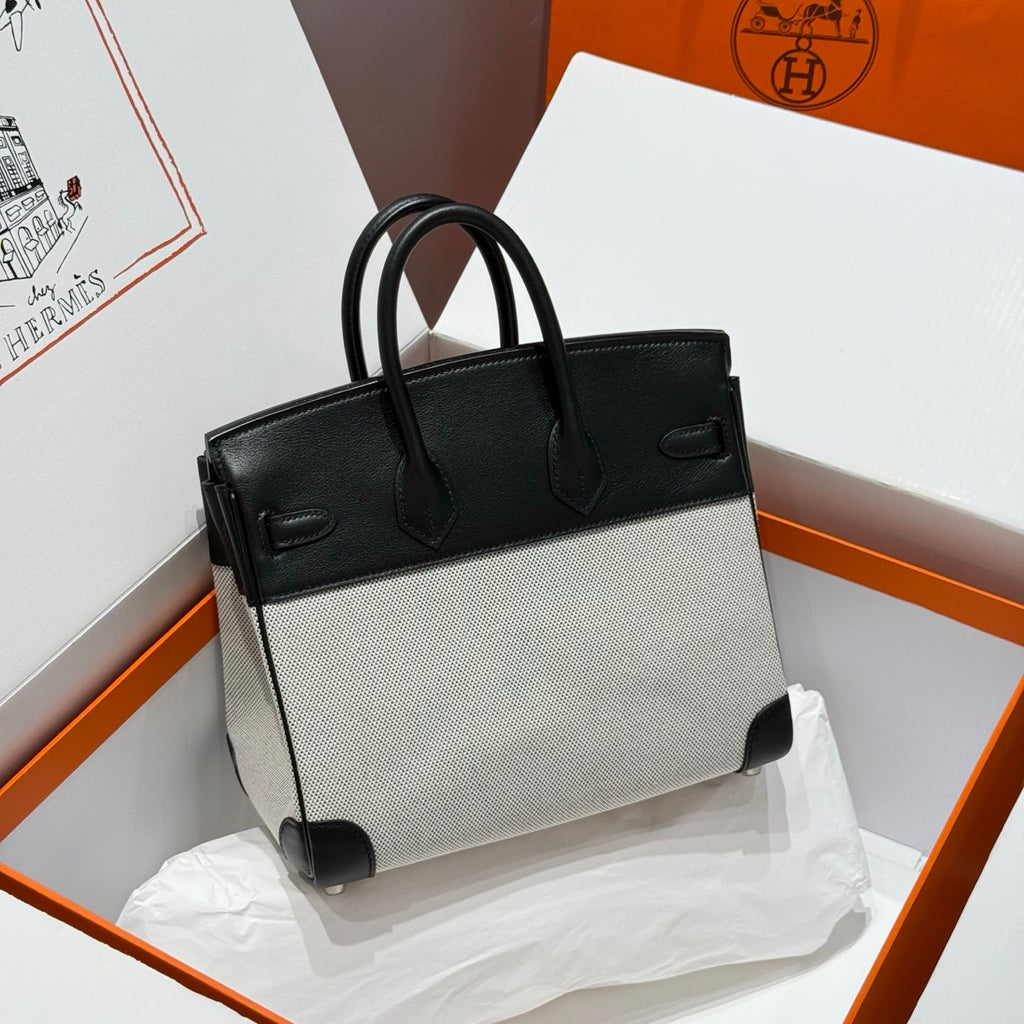 QUADRILLE BIRKIN 25CM IN BLACK SWIFT CALFSKIN WHITE TOILE CANVAS