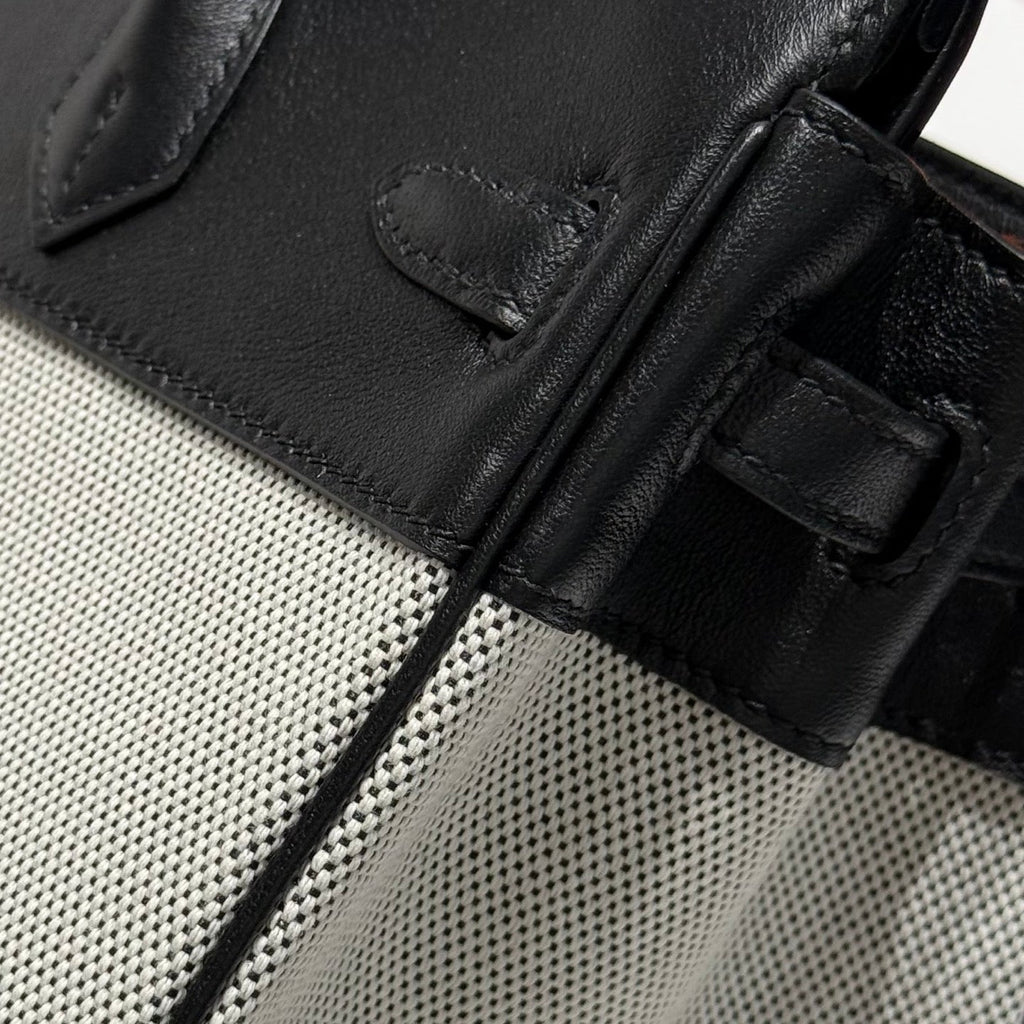 QUADRILLE BIRKIN 25CM IN BLACK SWIFT CALFSKIN WHITE TOILE CANVAS