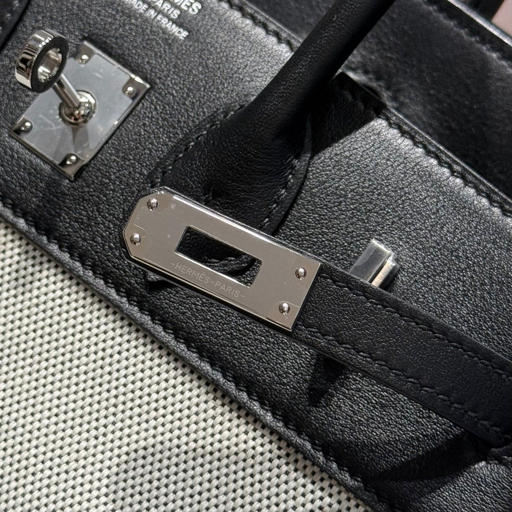 QUADRILLE BIRKIN 25CM IN BLACK SWIFT CALFSKIN WHITE TOILE CANVAS