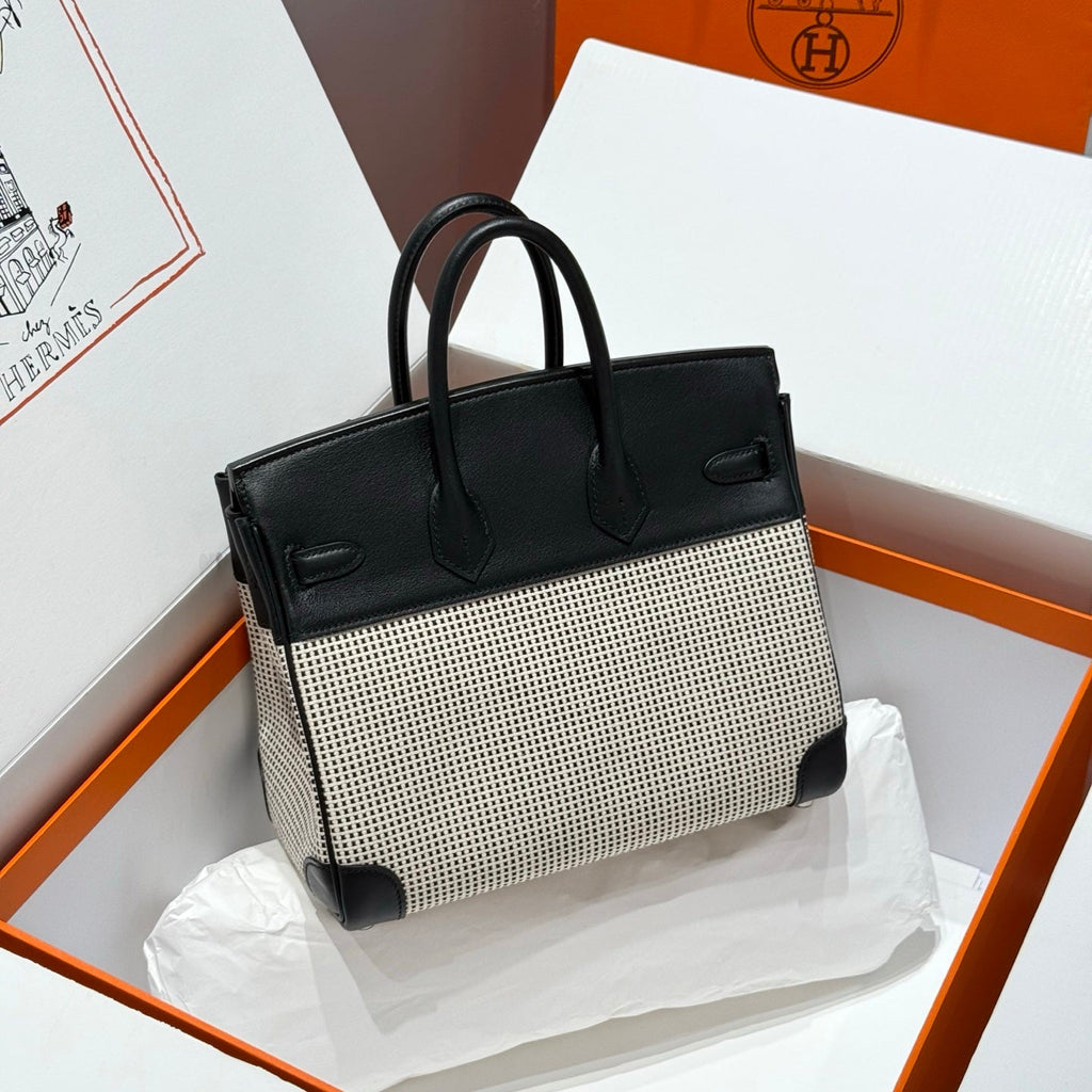QUADRILLE BIRKIN 25CM IN BLACK SWIFT CALFSKIN WHITE BLACK PLAID TOILE CANVAS