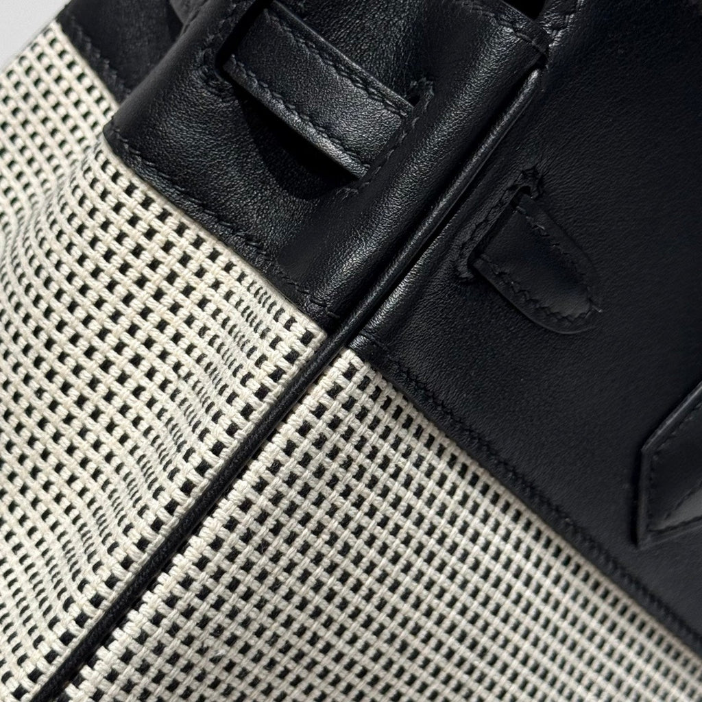 QUADRILLE BIRKIN 25CM IN BLACK SWIFT CALFSKIN WHITE BLACK PLAID TOILE CANVAS