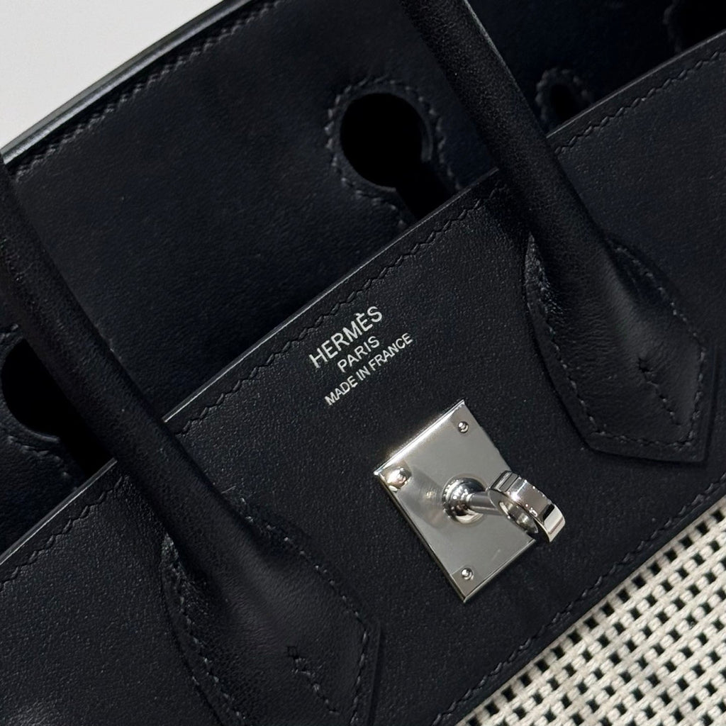 QUADRILLE BIRKIN 25CM IN BLACK SWIFT CALFSKIN WHITE BLACK PLAID TOILE CANVAS