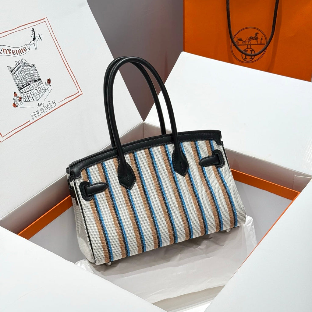 BIRKIN SHOULDER 29 IN BLACK CALFSKIN ÉCRU/NOIR/FAUVE/NOIR/BLEU ZANZIBAR EMBROIDERY CANVAS