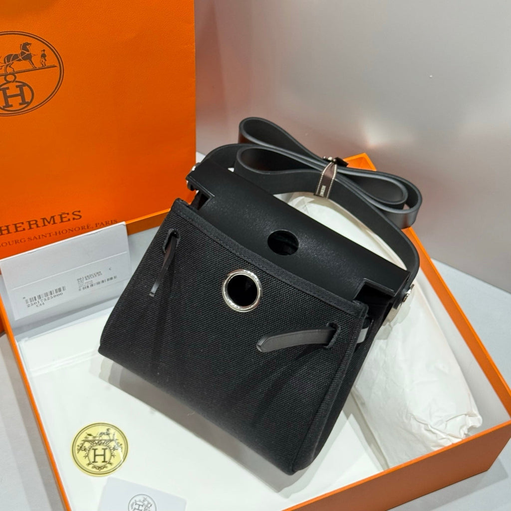 HERMES 25S MINI HERBAG 20 IN FULL BLACK CANVAS SILVER HARDWARE