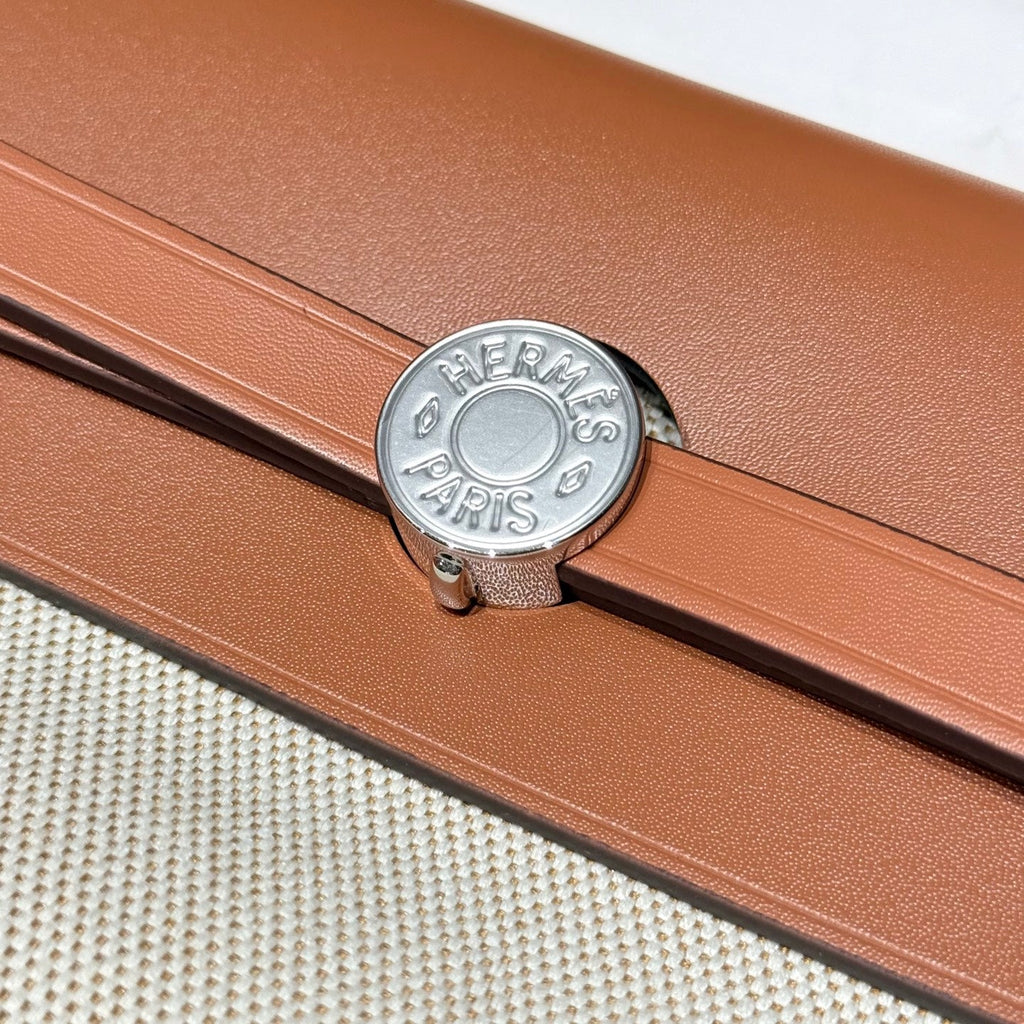 HERMES 25S MINI HERBAG 20 IN BEIGE AND BROWN CANVAS SILVER HARDWARE