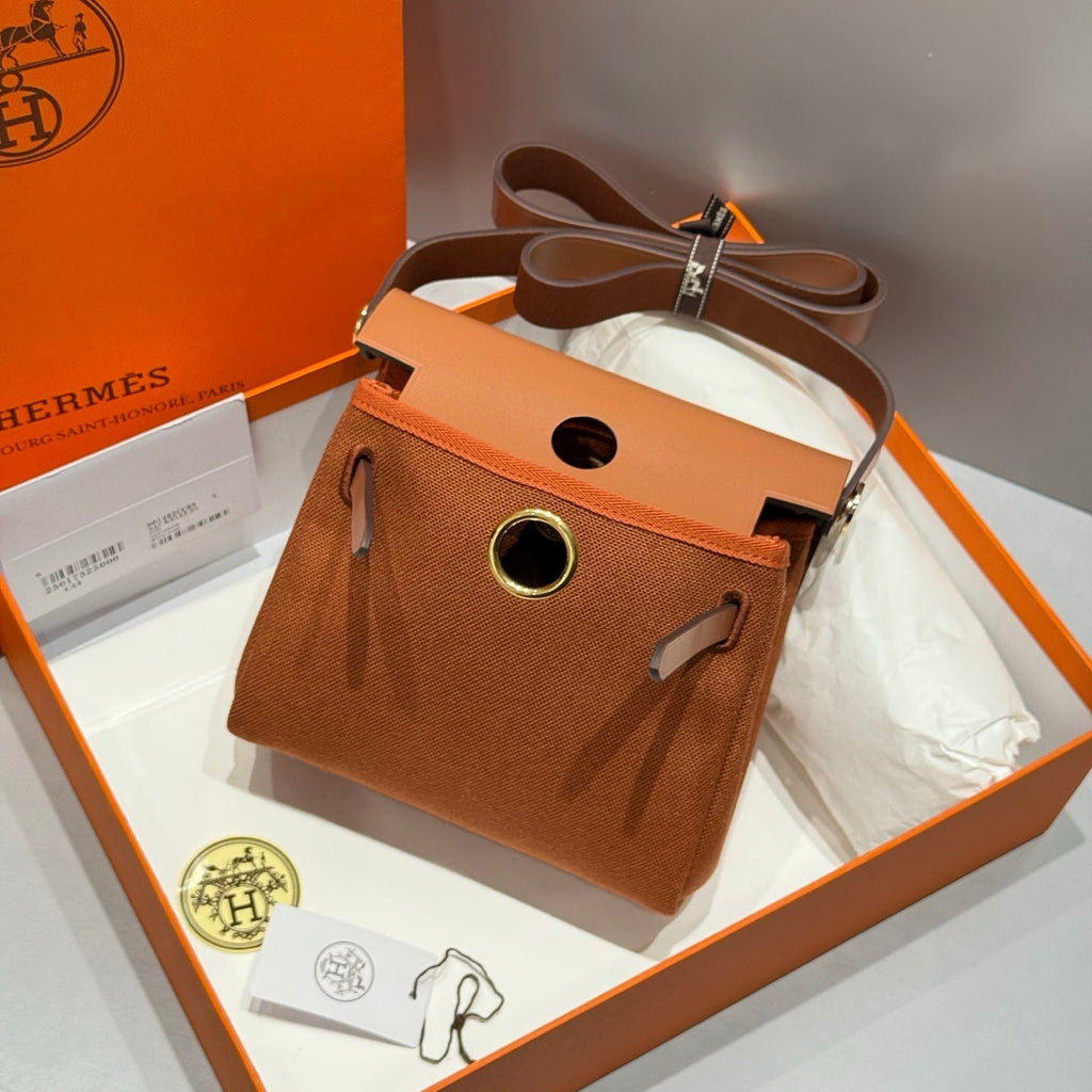 HERMES 25S MINI HERBAG 20 IN COPPER BROWN CANVAS GOLD HARDWARE