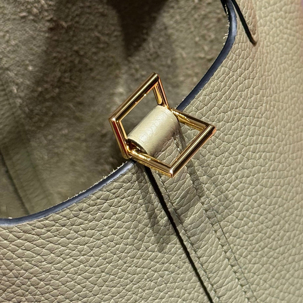 HERMES 25S PICOTIN LOCK 18 IN CROMWELL GRAY CALFSKIN GOLD HARDWARE