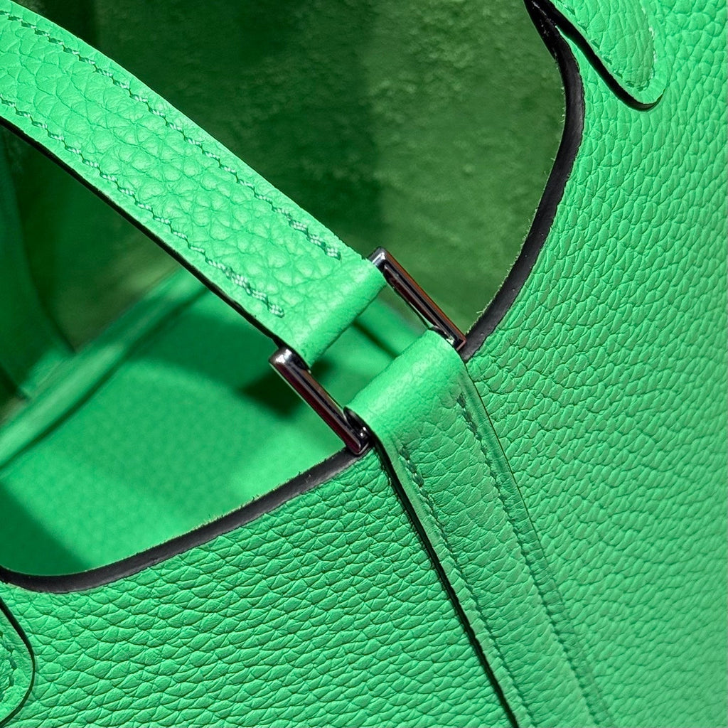 HERMES 25S PICOTIN LOCK 18 IN SPRING GREEN CALFSKIN SILVER HARDWARE