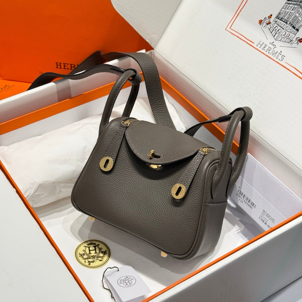 HERMES 25S MINI LINDY 19 IN DARK OLIVE GRAY CALFSKIN GOLD HARDWARE