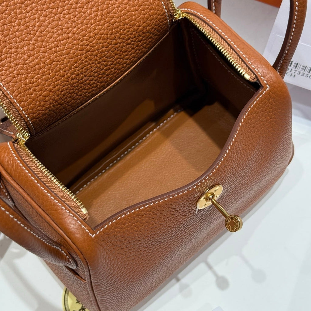 HERMES 25S MINI LINDY 19 IN BURNT ORANGE CALFSKIN GOLD HARDWARE