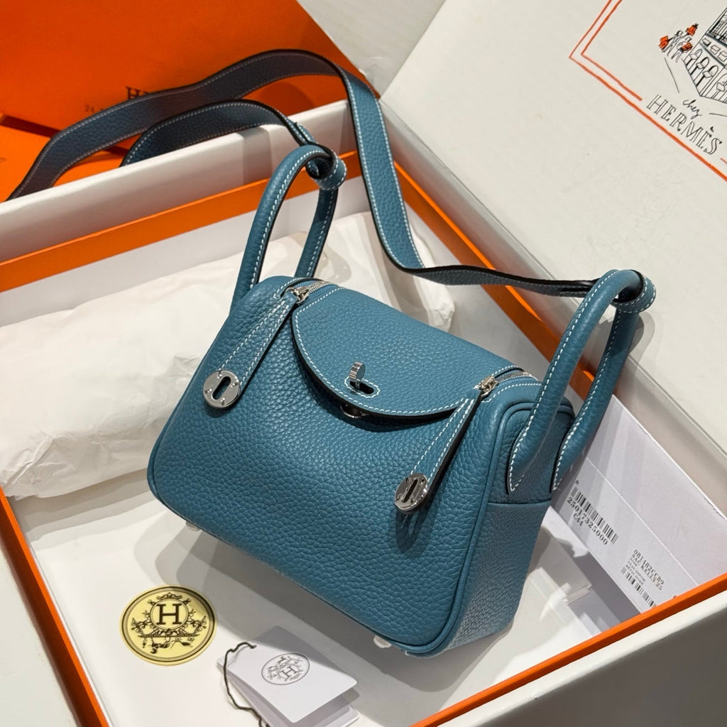 HERMES 25S MINI LINDY 19 IN SLATE BLUE CALFSKIN SILVER HARDWARE