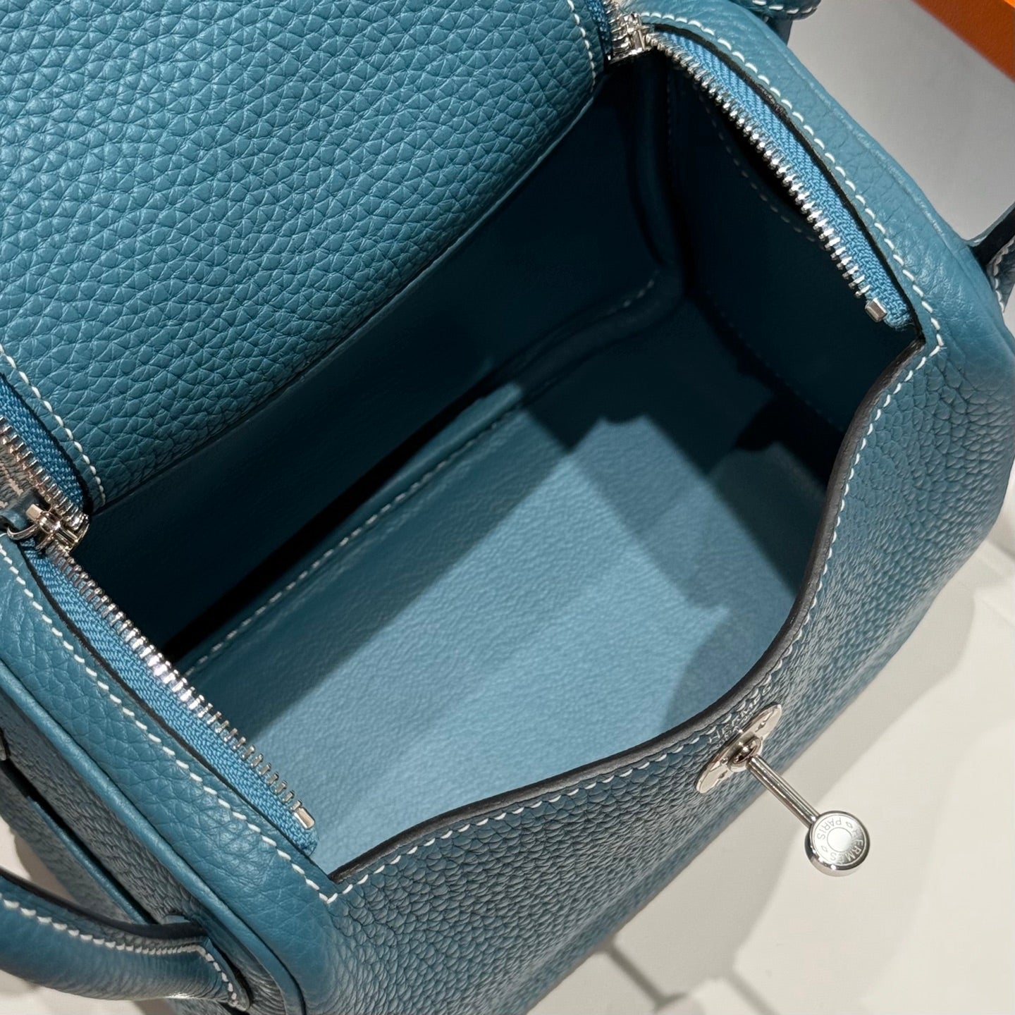 HERMES 25S MINI LINDY 19 IN SLATE BLUE CALFSKIN SILVER HARDWARE