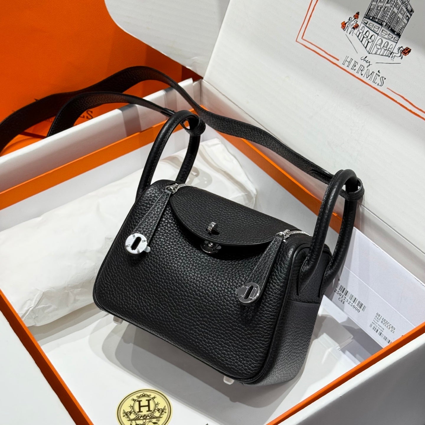 HERMES 25S MINI LINDY 19 IN BLACK CALFSKIN SILVER HARDWARE