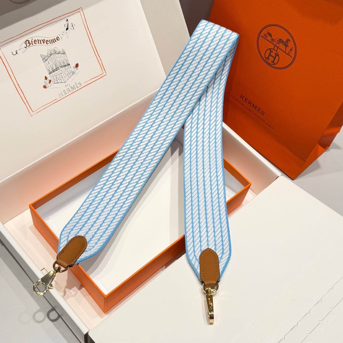 25S HERMES SANGLE ALLEGRO BAG STRAP BLUE 85 IN CANVAS GOLD HARDWARE