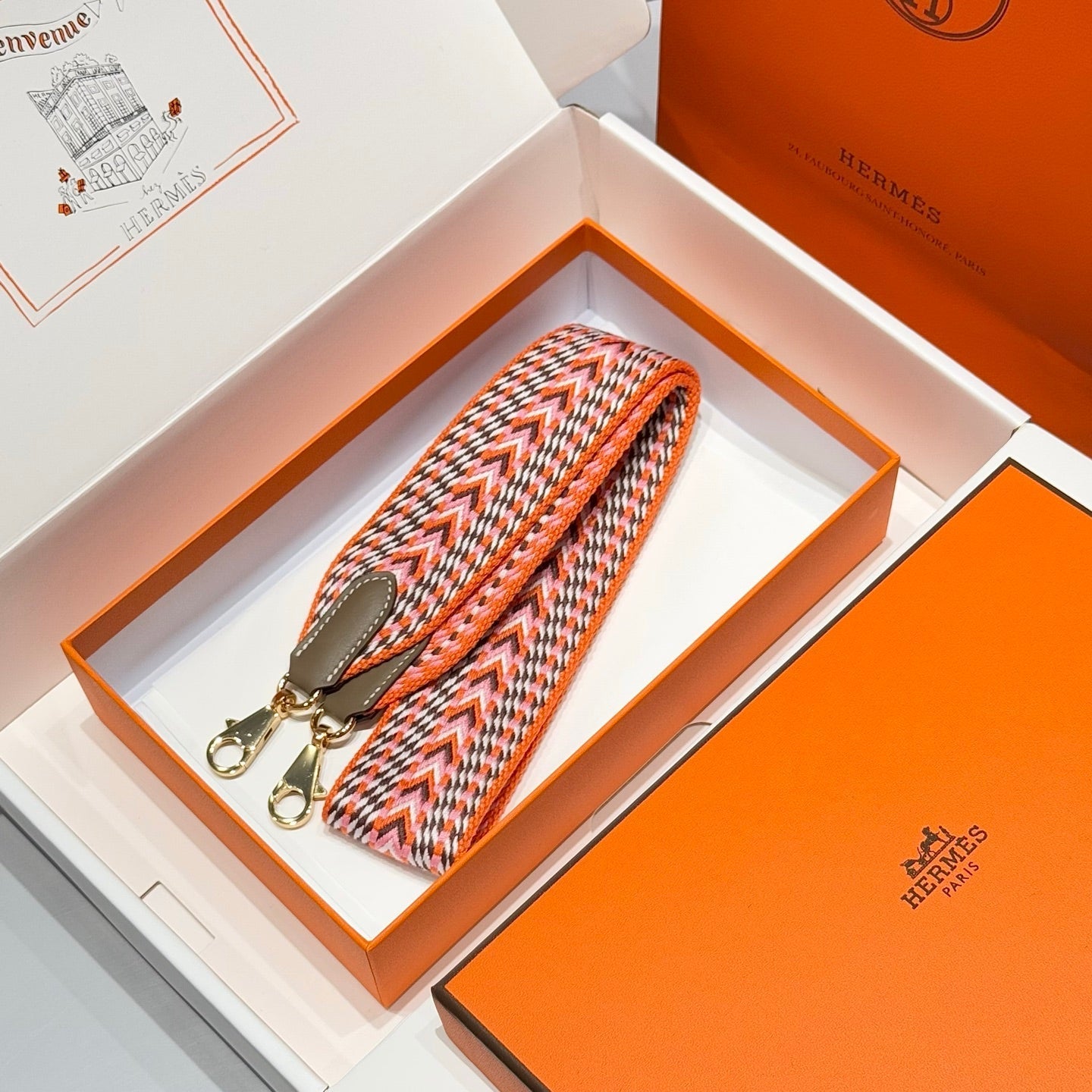 25S HERMES BAG STRAP ORANGE PATTERN 85 IN CANVAS GOLD HARDWARE