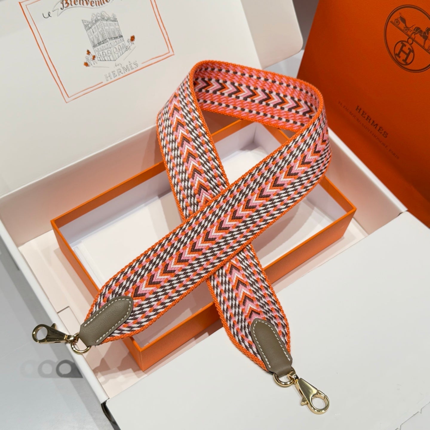 25S HERMES BAG STRAP ORANGE PATTERN 85 IN CANVAS GOLD HARDWARE