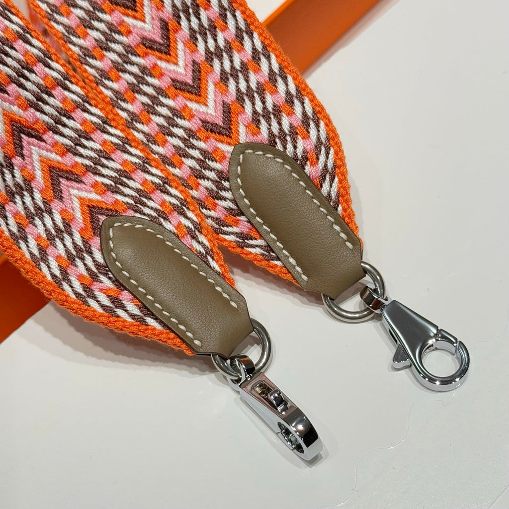 25S HERMES BAG STRAP ORANGE PATTERN 85 IN CANVAS SILVER HARDWARE