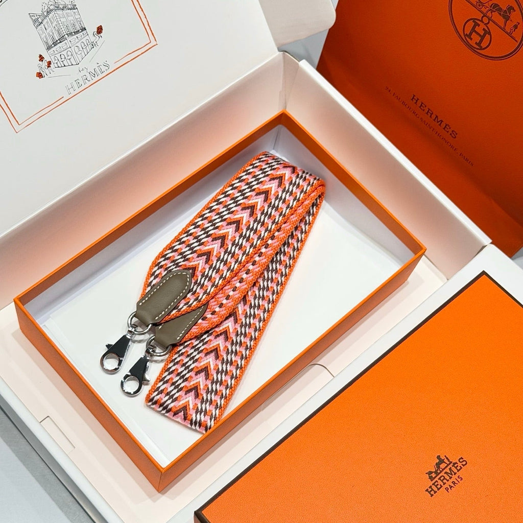 25S HERMES BAG STRAP ORANGE PATTERN 85 IN CANVAS SILVER HARDWARE