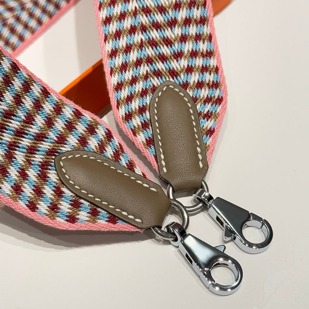 25S HERMES BAG STRAP GREEN AND PINK PATTERN 85 IN CANVAS SILVER HARDWARE