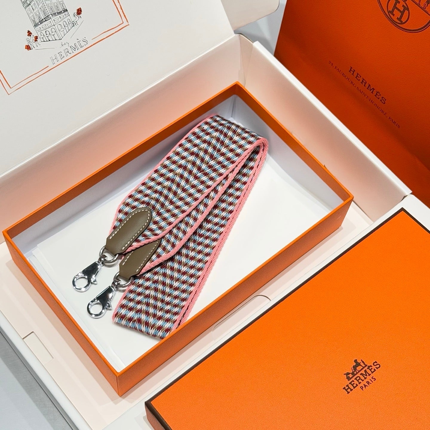 25S HERMES BAG STRAP GREEN AND PINK PATTERN 85 IN CANVAS SILVER HARDWARE