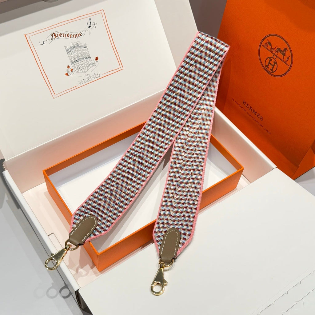 25S HERMES BAG STRAP GREEN AND PINK PATTERN 85 IN CANVAS GOLD HARDWARE