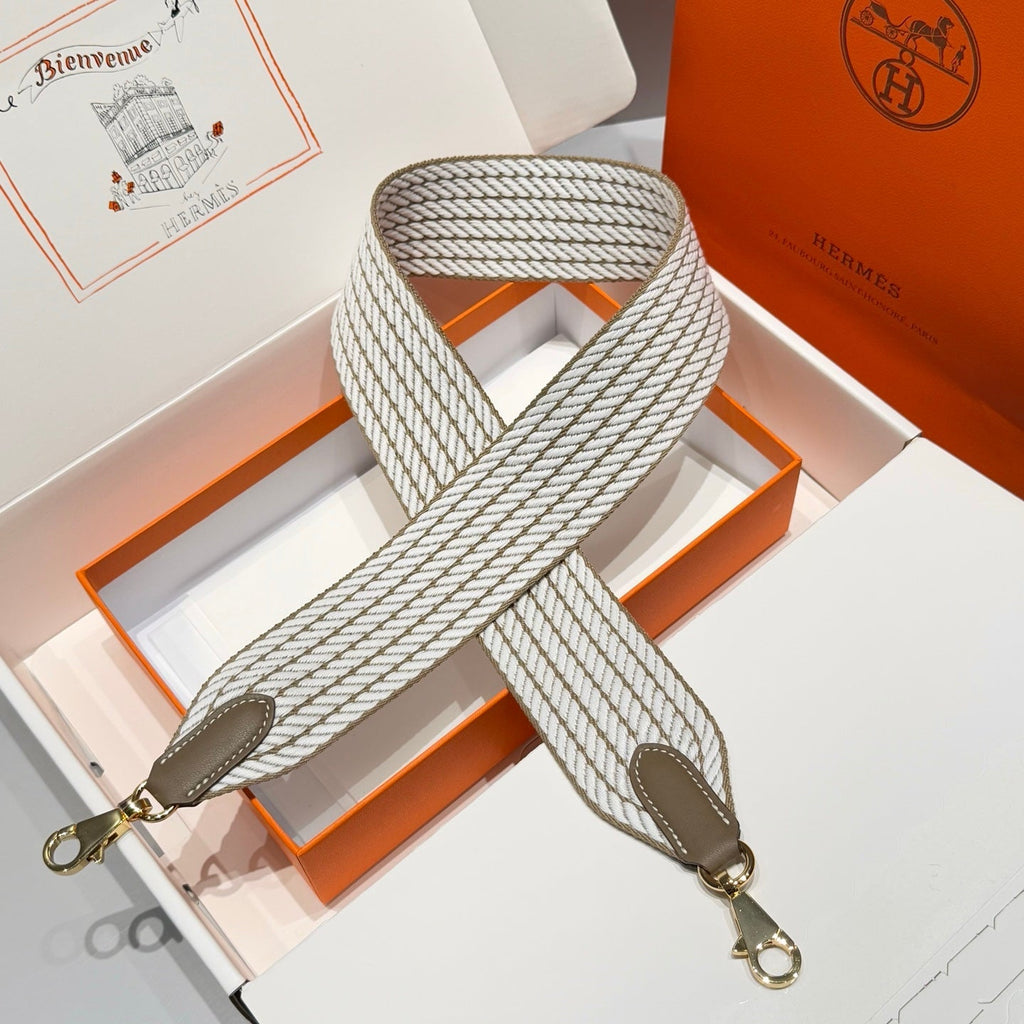 25S HERMES BAG STRAP BROWN AND WHITE PATTERN 85 IN CANVAS GOLD HARDWARE