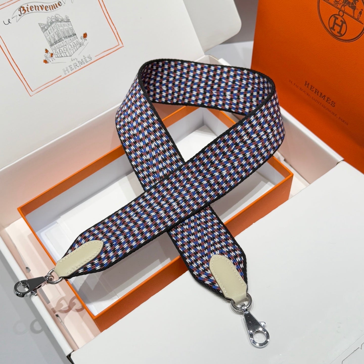 25S HERMES BAG STRAP MULTICOLOR 85 IN CANVAS SILVER HARDWARE