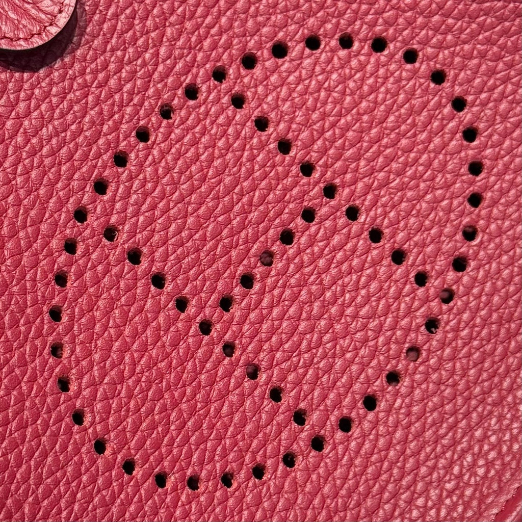 HERMES 25S MINI EVELYNE 18 IN BURGUNDY PATTERNED STRAP CALFSKIN SILVER HARDWARE