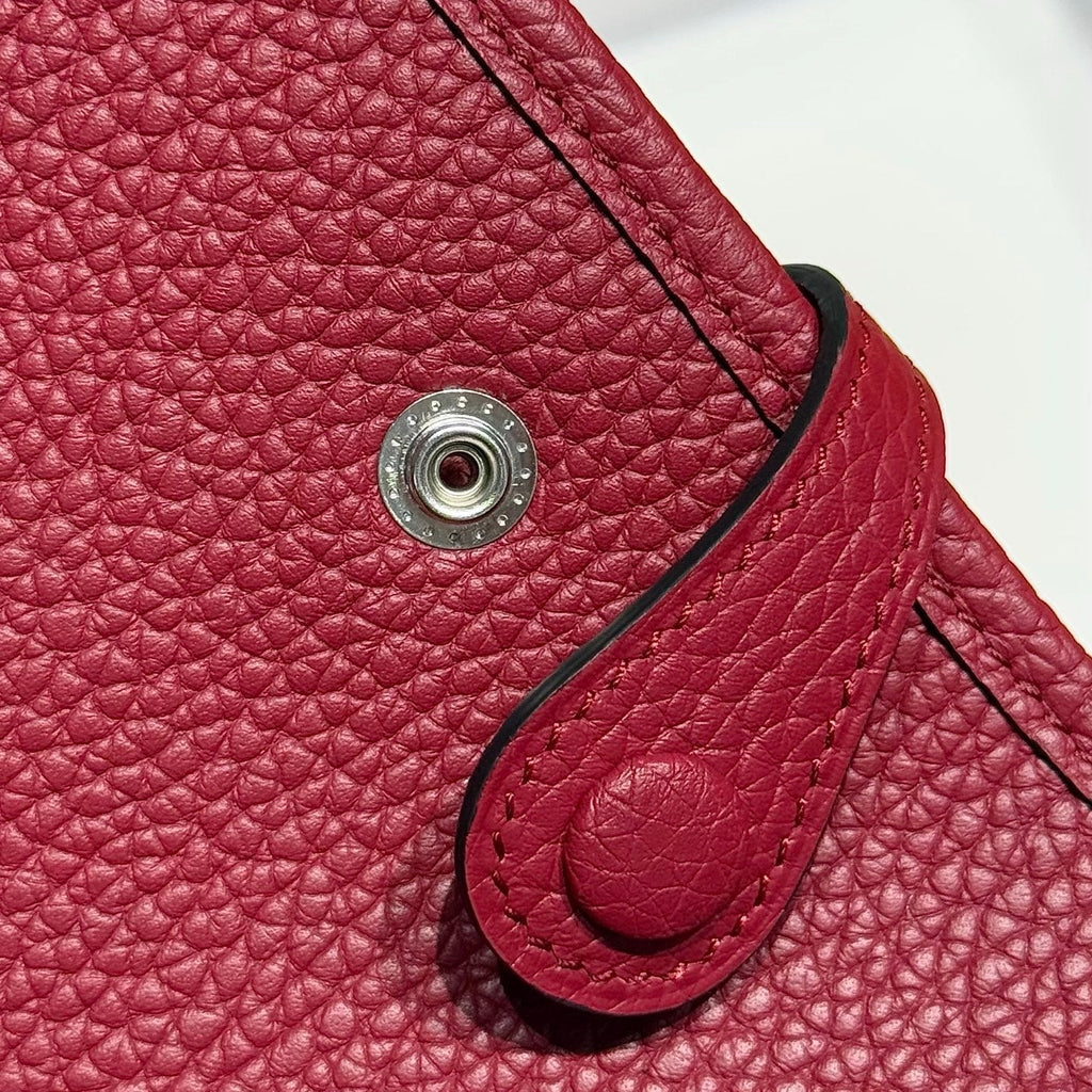 HERMES 25S MINI EVELYNE 18 IN BURGUNDY PATTERNED STRAP CALFSKIN SILVER HARDWARE