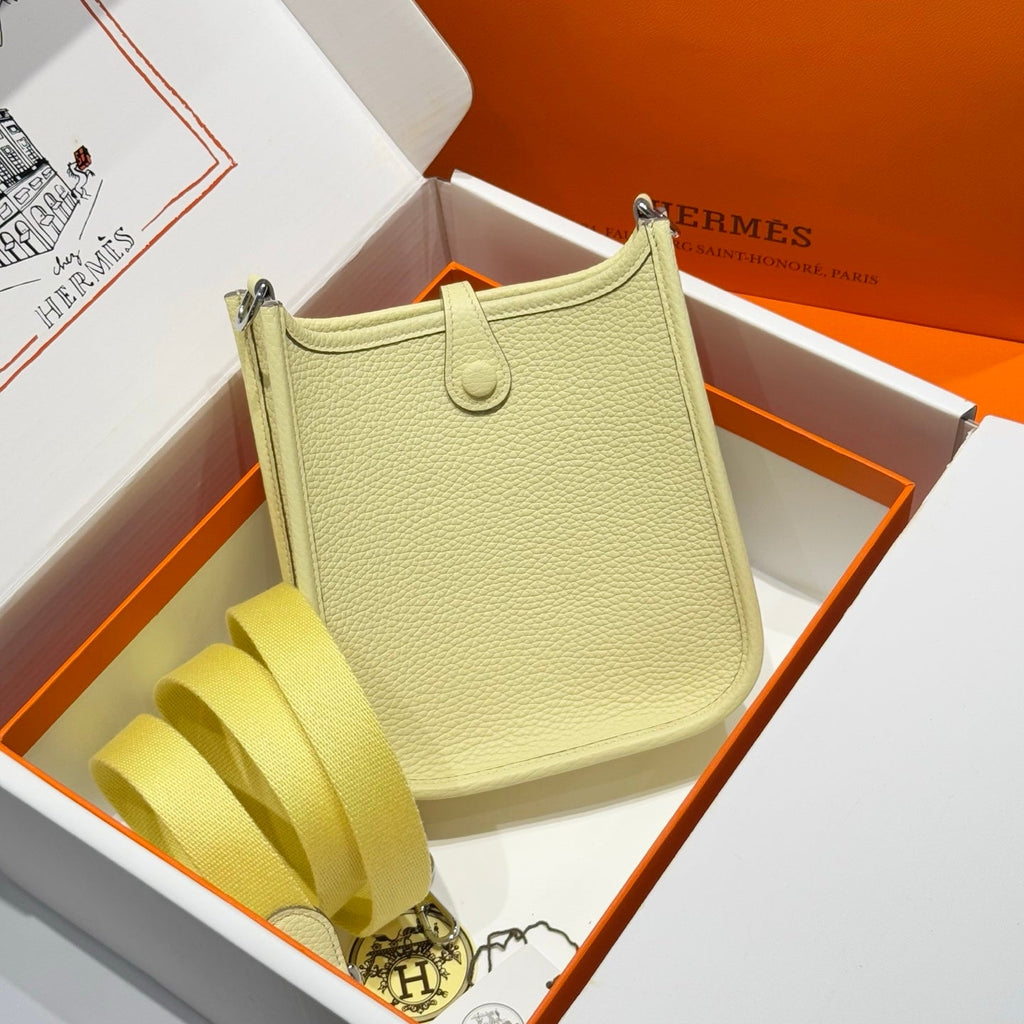 HERMES 25S MINI EVELYNE 18 IN MILTON YELLOW PATTERNED STRAP CALFSKIN SILVER HARDWARE