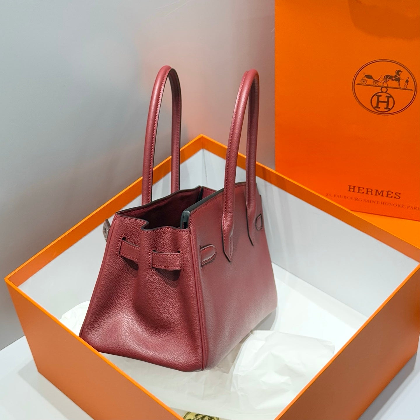HERMES 25S SHOULDER BIRKIN 29 IN BURNT RED CALFSKIN SILVER HARDWARE