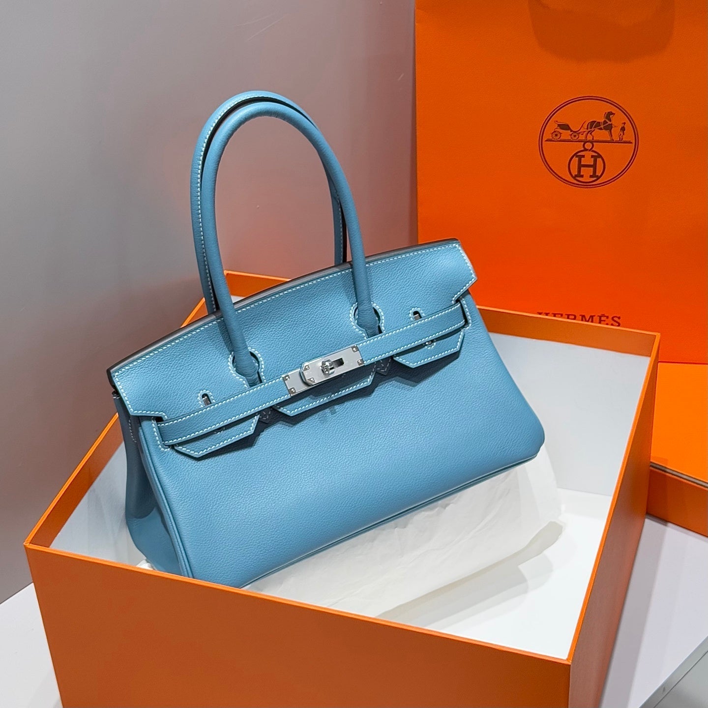 HERMES 25S SHOULDER BIRKIN 29 IN DENIM BLUE CALFSKIN SILVER HARDWARE