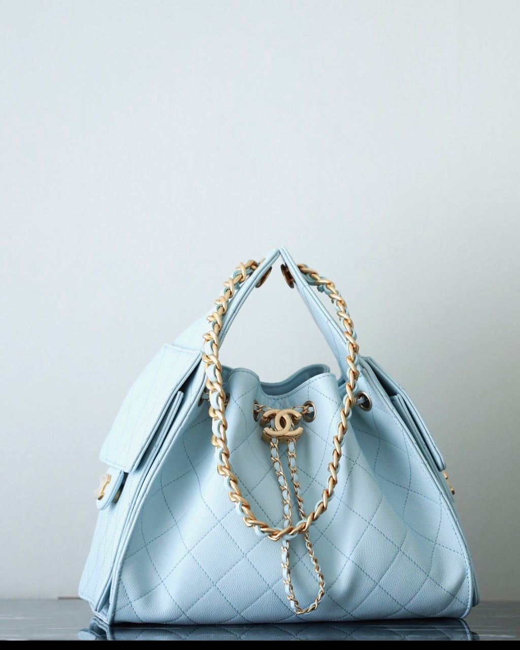 CHANEL 25S HOBO BAG 30 CM IN PASTEL BLUE LAMBSKIN WITH GOLD HARDWARE